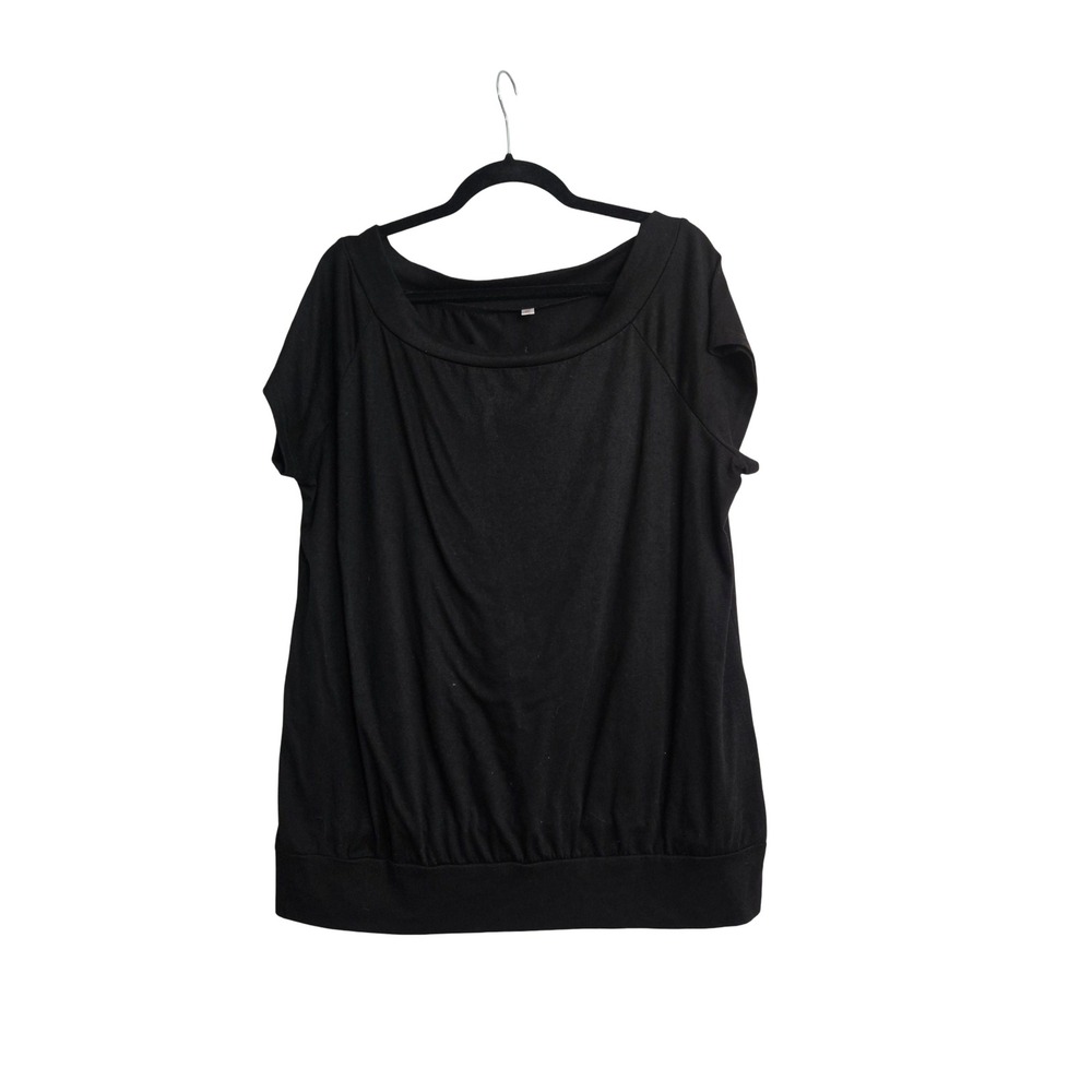 HALIFE Women Black Short Sleeve Scoop Neck Banded Hem Blouse Top XL